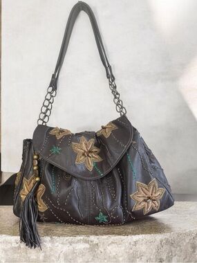 MARY FRANCES BEADED LEATHER BOHO SATCHEL LARGR